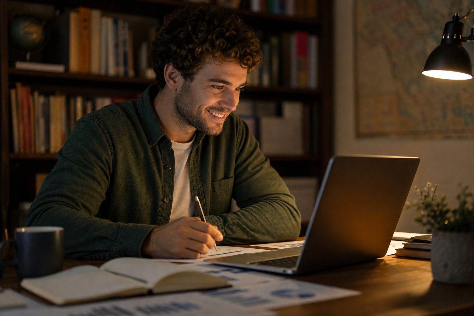 Eager Strategist at Desk with Laptop